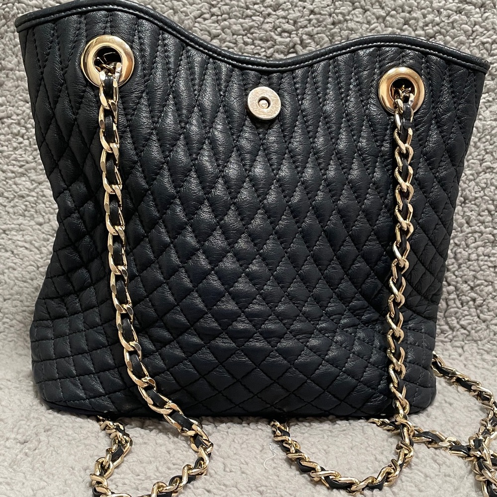 Quilted Dark Blue Leather Chain-Handle Tote